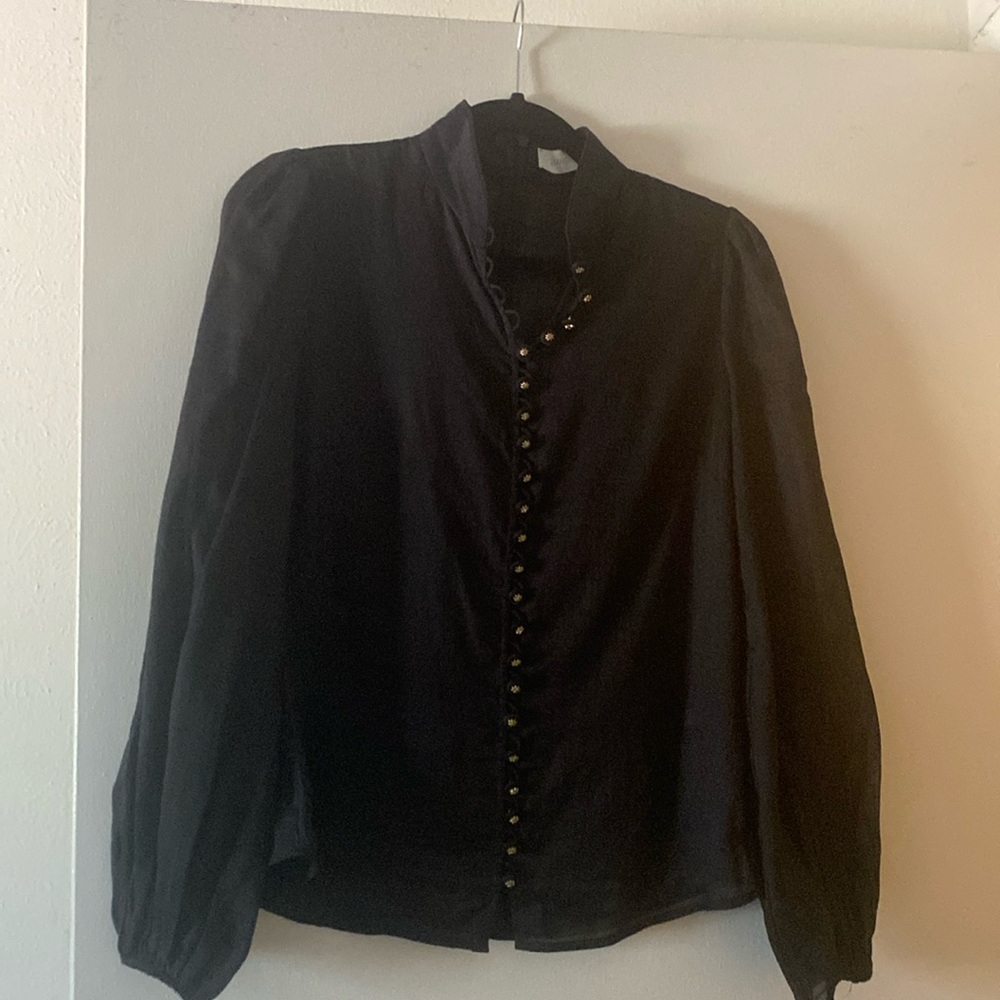 Zimmermann black Rami (linen) blouse with gold buttons and zipper in back.